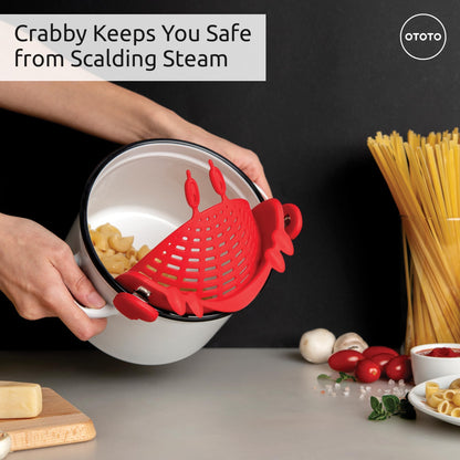 NEW Crabby Clip-On Strainer by OTOTO - Silicone and Stainless Steel Pasta Strainer, Funny Gifts, Cute Kitchen Accessories, Red Crab, Cool Kitchen Gadgets