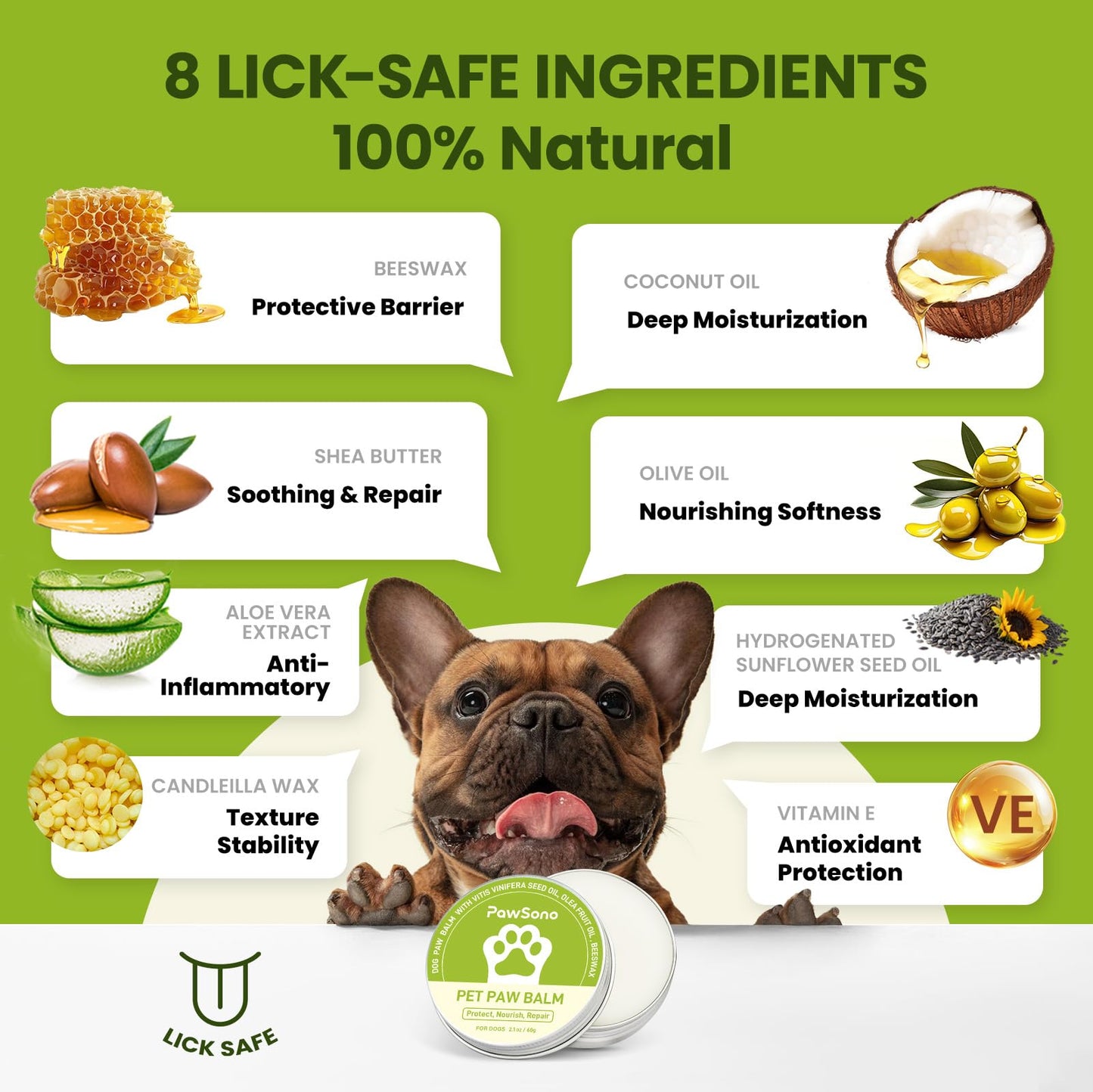 PawSono Lick-Safe Dog Paw & Nose Balm with Coconut Oil | All-Natural Moisturizer & Soother for Dry, Cracked Pads & Snout| Cat Wax & Cream, Nose Butter for frenchies| Horse Hoof Care (60 g /2.1 oz)