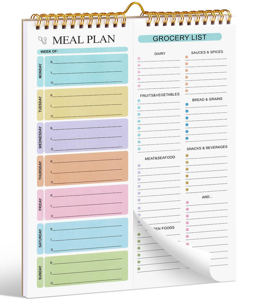 Joyberg Meal Planner Notebook 8.5x11”, 50 Sheets Magnetic, Double Helix Meal & Grocery List, Wall-Mountable Menu Planner for Daily & Weekly Plan