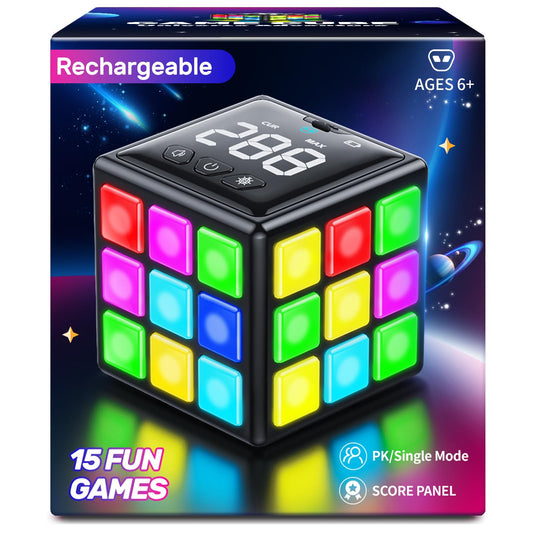 Niufunmal Rechargeable Game Cube - 15-in-1 Fun Brain Memory & Speed Games for Kids - Christmas Easter Birthday Gifts for Boys Girls Ages 6-12+ Years Old - Toys for Kids Teens with Score Screen (Black)
