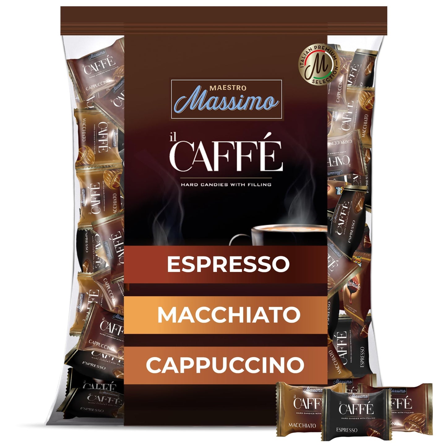 Maestro Massimo Center Filled Hard Pocket Coffee Candy, 3mg Caffeine per Candy, Individually Wrapped, Macchiato, Espresso, Cappuccino Flavored, 2.2 Pound Bulk Bag - Pack of 1