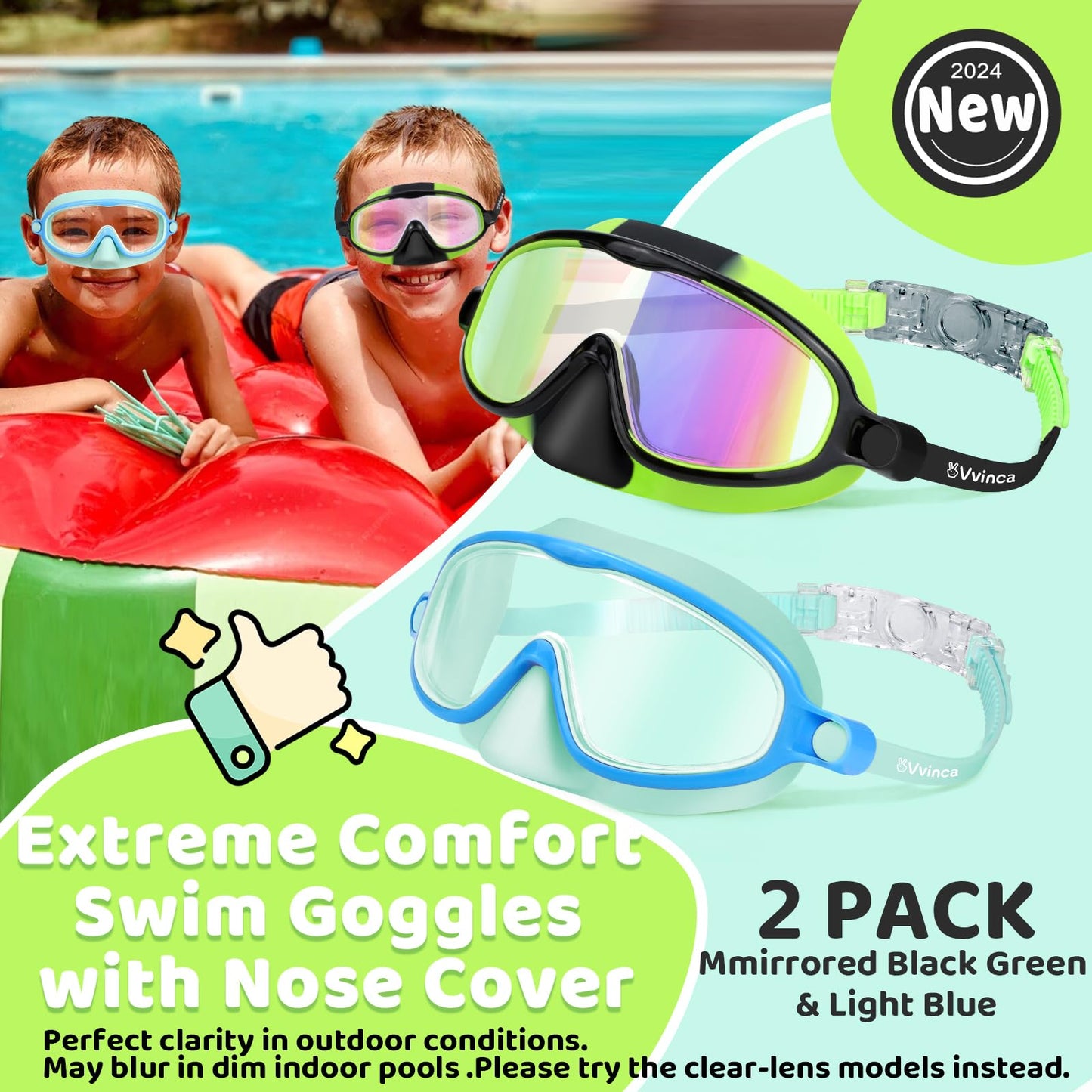 Vvinca 2 Pcs Kids-Swim-Goggles with Nose Cover, Swimming Diving Mask Wide View Anti Fog UV Anti Shattered Lens for Kids 3-5