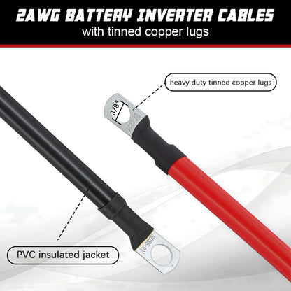 2 AWG Battery Cable 2AWG Gauge Pure Copper Battery Inverter Cables with 3/8 in Lugs Both Ends Power Inverter Wire Set for Automotive Solar Marine Boat RV Car Motorcycle Red and Black (1FT)