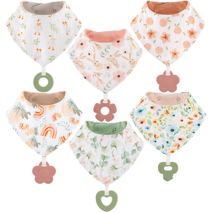 Muslin Baby bibs 6-Pack and Teething Toys 6-Pack Made with 100% Organic Cotton, Absorbent and Soft For Baby girl