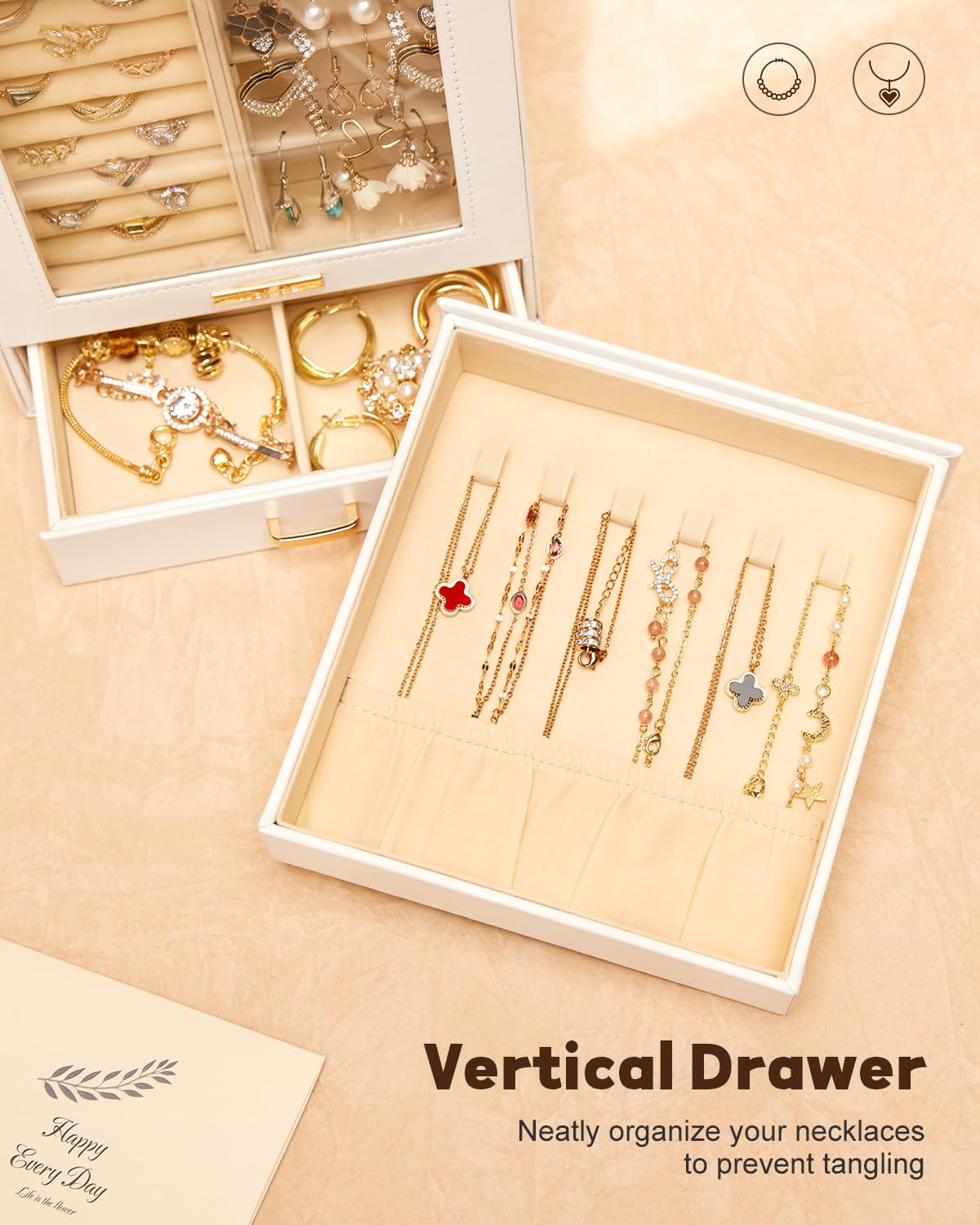 Homde Jewelry Organizer Girls Women Jewelry Box for Necklaces Rings Earrings Gift Bracelets Storage Case (White + Gold)