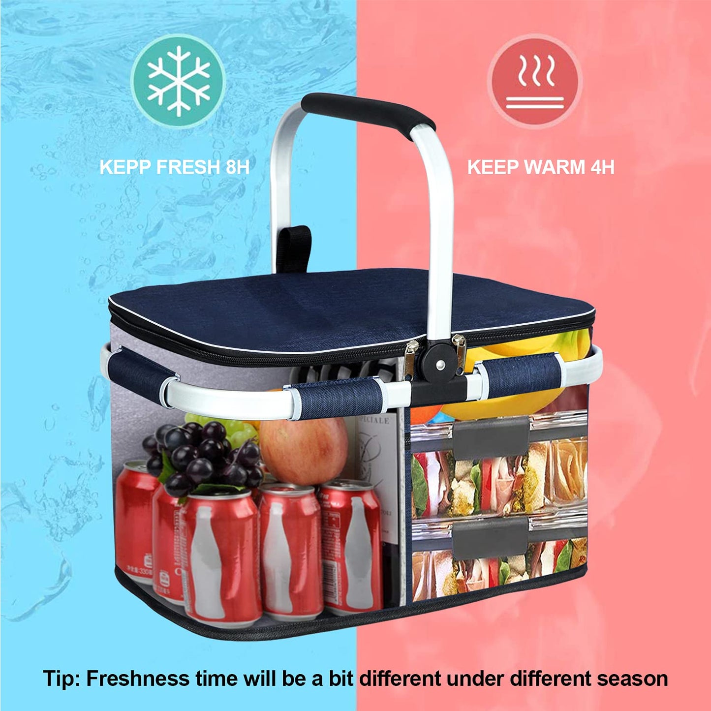 LIQING 35L Picnic Basket 2 Layers of Internal Pockets Leak-Proof and Insulated Folding, Internal Support Does Not Collapse for Women