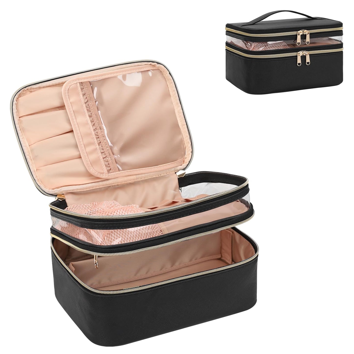 OCHEAL Makeup Bag, Double Layer Cosmetic Bag, Large Capacity Travel Makeup Organizer Bag, Make up Bags for Women and Girls Traveling Toiletry Bag With Handle and Divider-Black