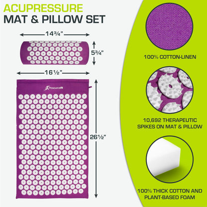 ProsourceFit Acupressure Mat and Pillow Set for Back/Neck Pain Relief and Muscle Relaxation, Purple