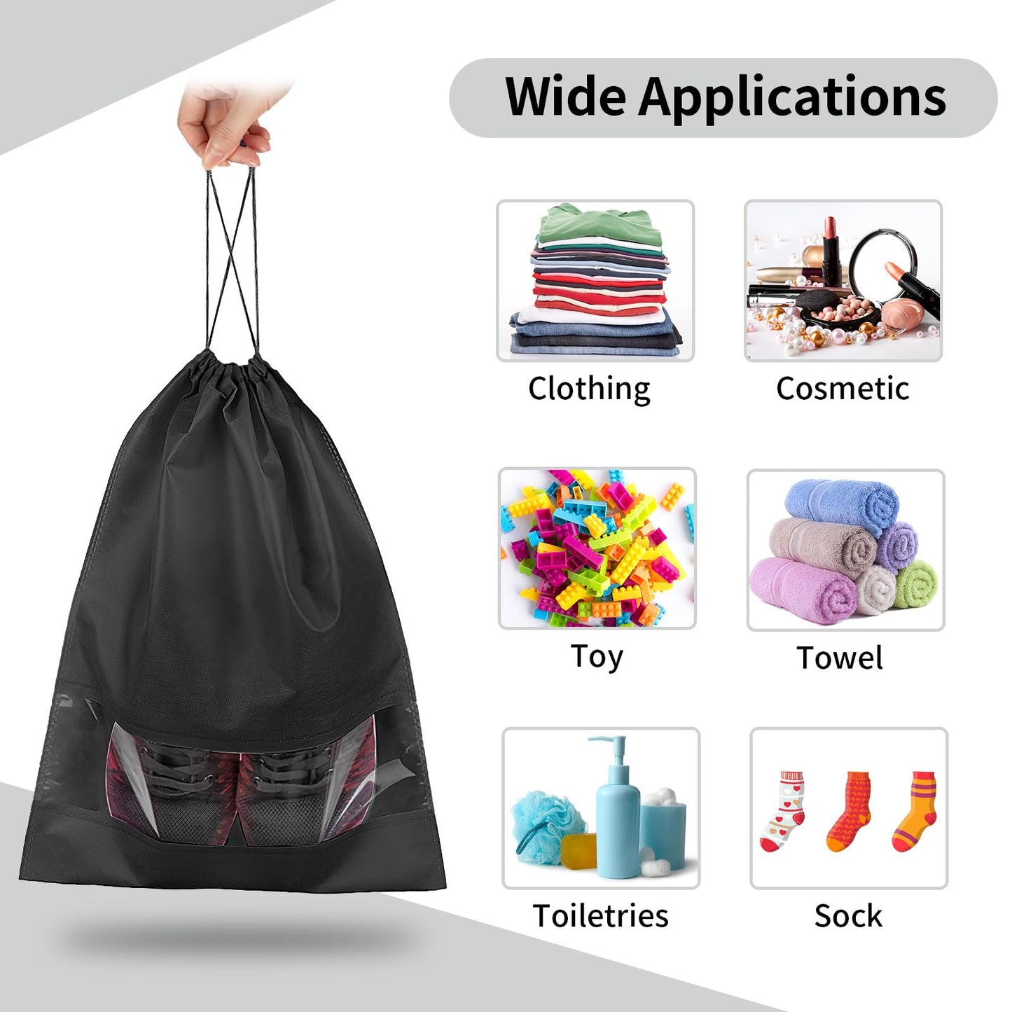 12 Pack Large Shoe Bags for Packing with Clear Window, Dustproof Drawstring Travel Shoe Storage Bags for Men & Women, Black