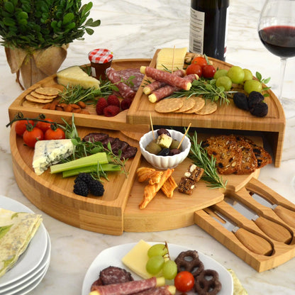 Picnic at Ascot Patented Bamboo Cheese/Charcuterie Board with Cheese Knife Set - Stores as a Compact Wedge - Opens to 18" Diameter - Designed & Quality Checked in USA