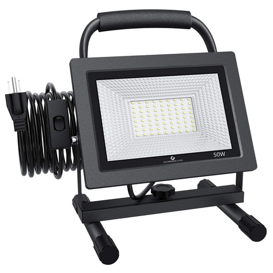GLORIOUS-LITE 50W LED Work Light, 5000LM LED Flood Lights, 400W Equivalent, IP66 Waterproof, 16ft 5m Cord with Plug, 6500K, Adjustable Working Lights for Workshop Garage, Construction Site