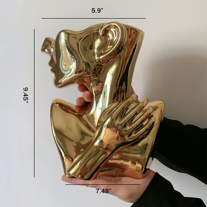 FUNSOBA Ceramics Statue Flower Vase Face Pots Bust Head Shaped for Birthday Gifts Home Office Decoration (Gold)