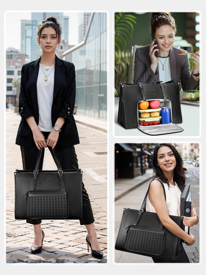 MATEIN Laptop Tote Bag with Insulated Lunch Compartment, 15.6 Inch PU Leather Briefcase with Leakproof Lunch Box Pocket for Women, Convertible Lightweight Computer Work Bag Handbag for Office, Black