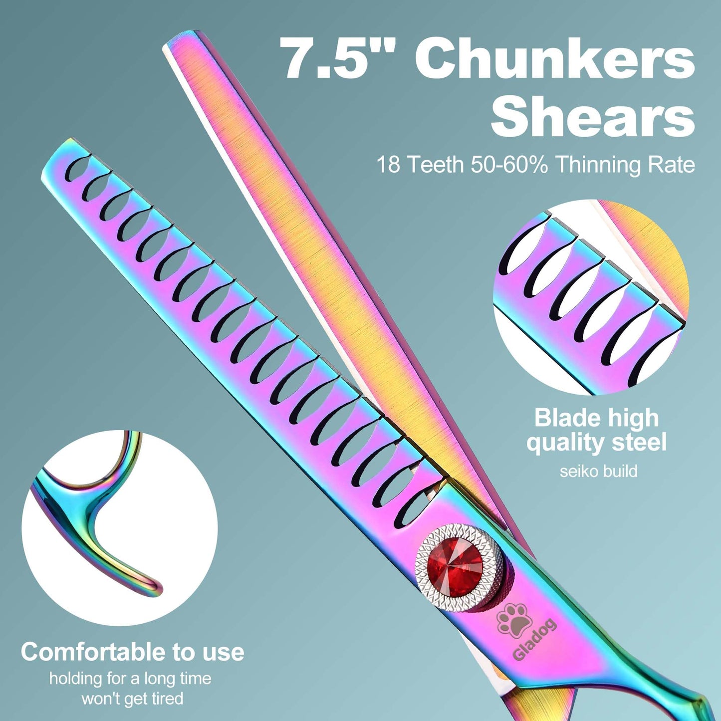 GLADOG 7 Inch Professional Dog Grooming Scissors Kit, Titanium Dog Scissors for Grooming, Heavy-Duty Dog Shears for Grooming, 6-in-1 Pet Grooming Scissors for Dogs (Pro Rainbow)