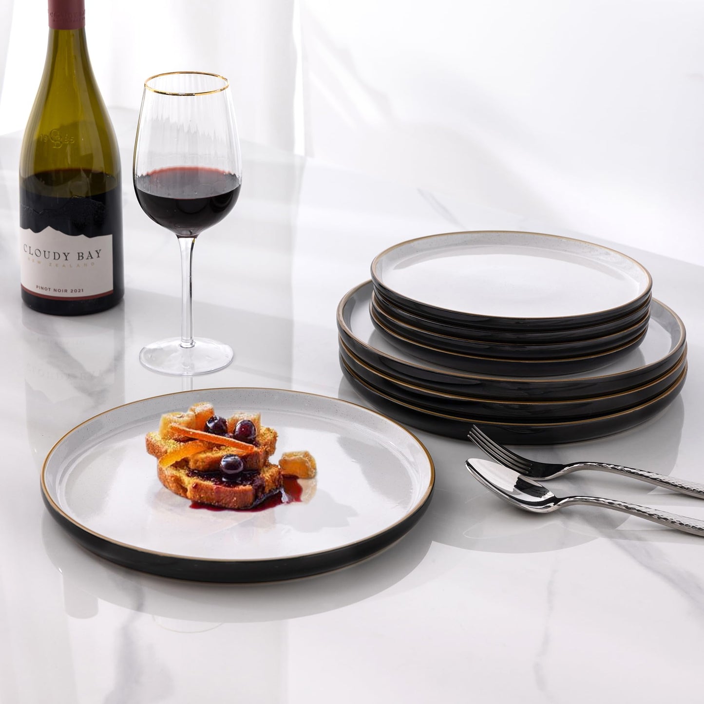 AmorArc Dinnerware Set - 12 Piece Ceramic Plates and Bowls, Stoneware Plates Handpainted, Dishwasher & Microwave Safe (Speckled Black & White, Service for 4)