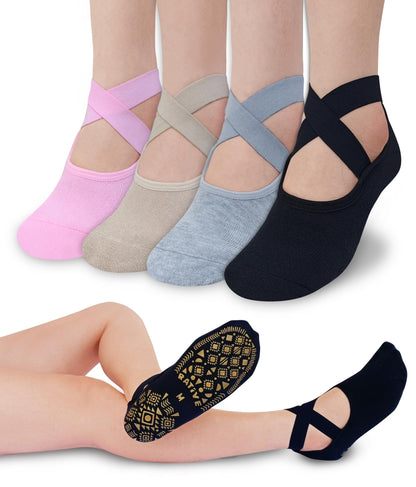 RATIVE X-Cross Anti Slip Non Skid Barre Yoga Pilates Hospital Socks with grips for Adults Men Women (Medium, 4-pairs/Solid Assorted)