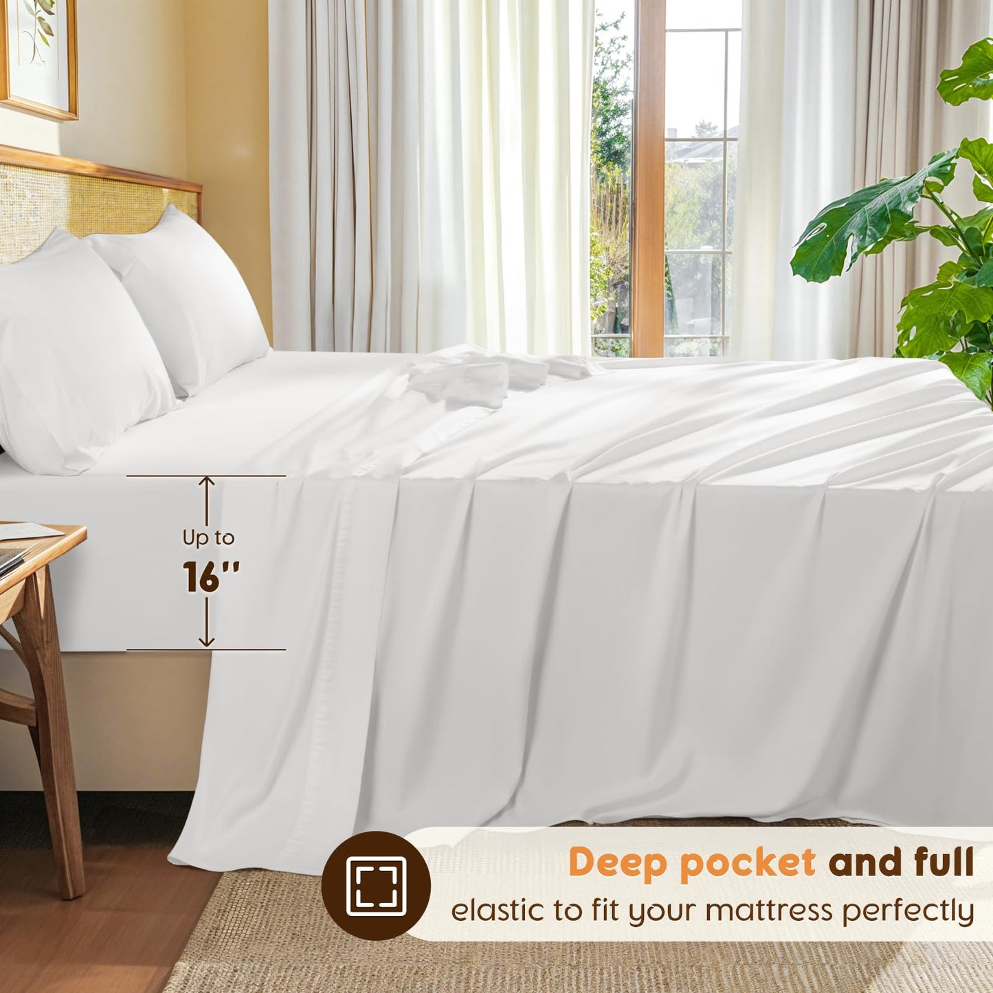 LBRO2M 100% Cotton Sheets Set Queen Size 600 Thread Count 4 Piece Sets Bed Sheet Deep Pocket Up to 16" Soft Comfortable All Season (Queen, White)