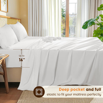 LBRO2M 100% Cotton Sheets Set Queen Size 600 Thread Count 4 Piece Sets Bed Sheet Deep Pocket Up to 16" Soft Comfortable All Season (Queen, White)