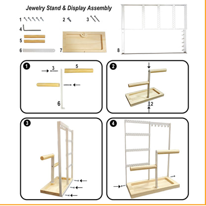 Jewelry Organizer Stand, Jewelry Holder, Lengnoy 4 Tier Earring Holder with 48 Holes and 6 Hooks Necklace Organizer Wood Box for Necklace Bracelet Earring Ring, White