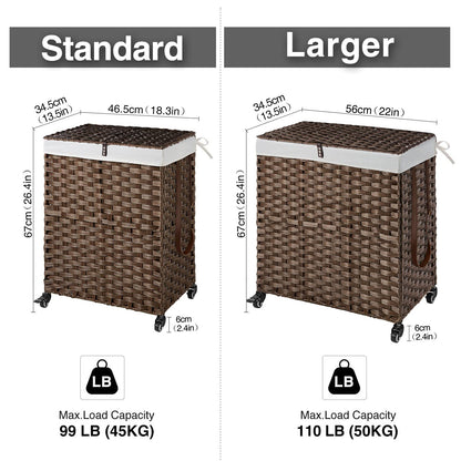 Greenstell Laundry Hamper with Wheels, No Install Needed, 110L Divided Handwoven Hampers & 2 Removable Liner Bags, Rattan Clothes Laundry Basket with Lid & Handles, Foldable Hampers Brown 22x13x26.4In