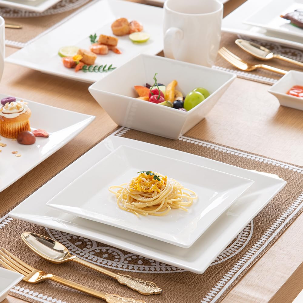 Porlien 24-Piece Classic Square Dinnerware Set for 6-Off White Plates