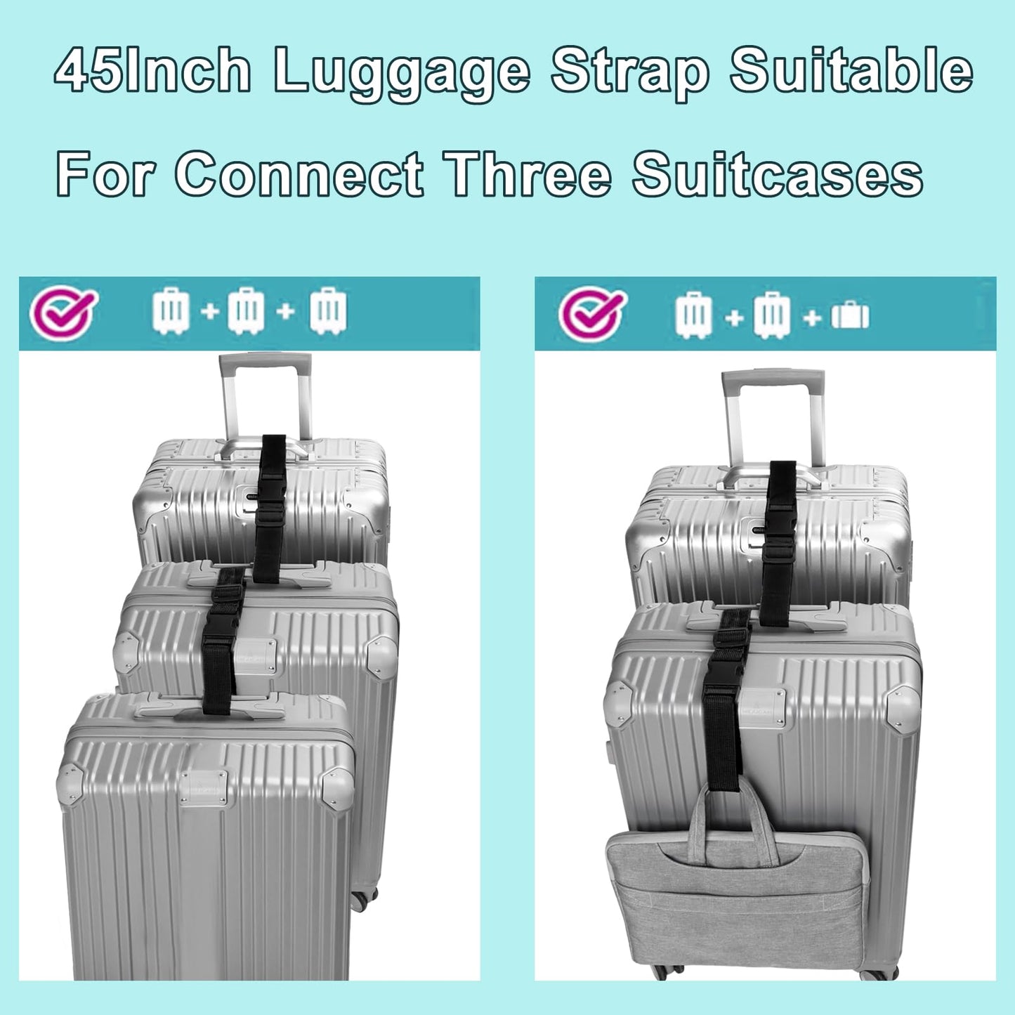 2Pack Luggag Straps for Carry On Bag, Adjustable Suitcase Belt Add Bag Travel Attachment Accessories for Connect Your 3 Luggages, Blue
