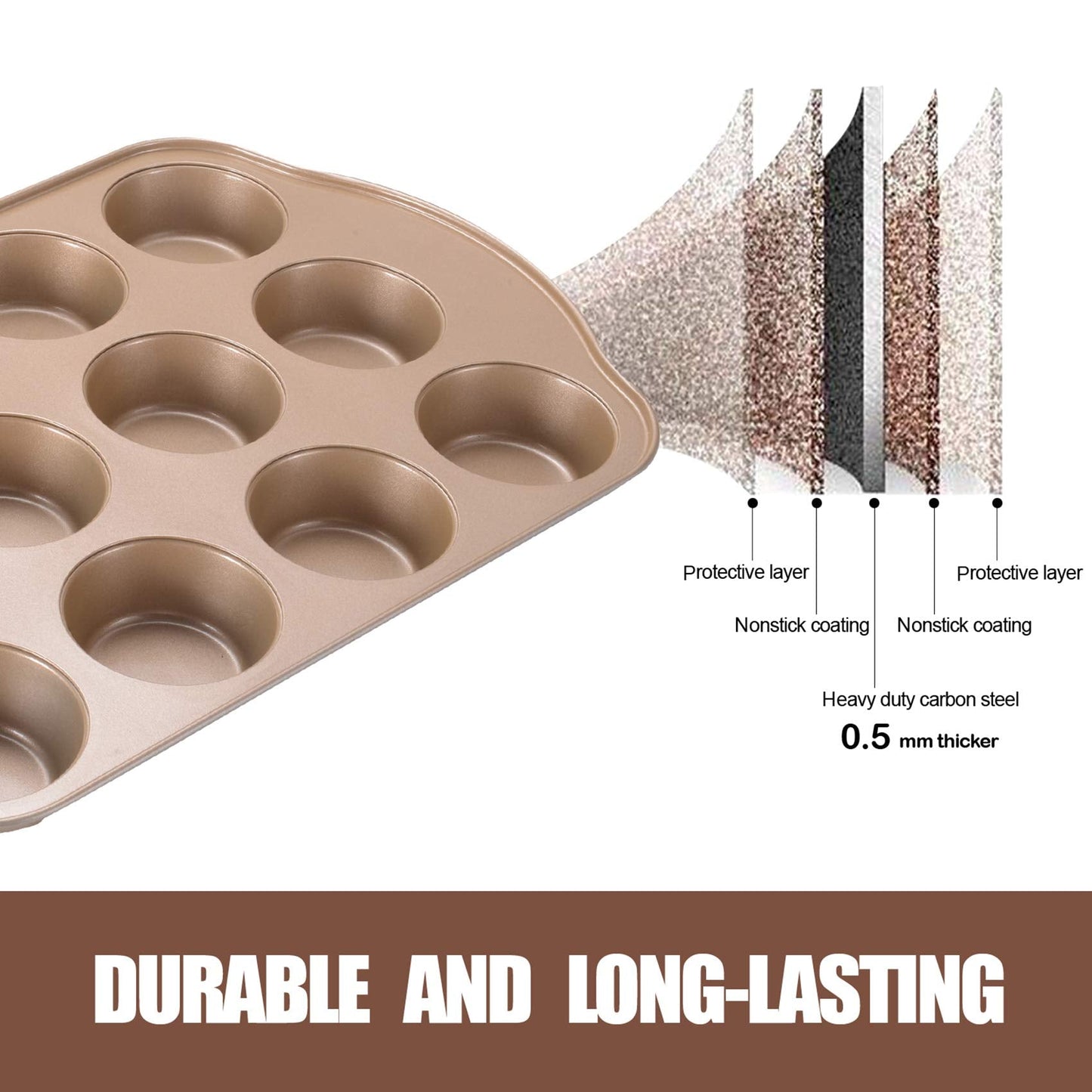 JOHO BAKING Nonstick Muffin & Cupcake Pan Set (2 Pack) - 12 Cup Regular + 24 Cup Mini Muffin Tins | Heavy Duty Gold Carbon Steel, Rust-Resistant, Easy Release