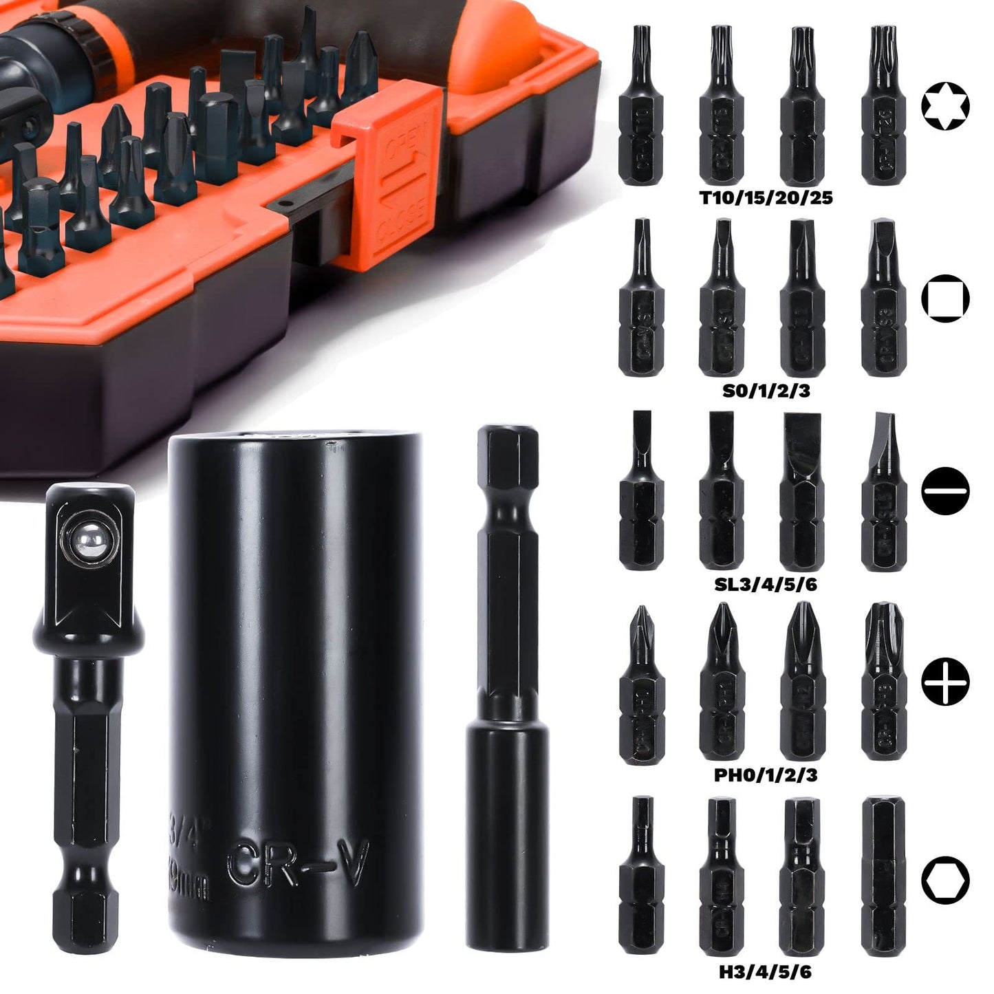 MANWALD Universal Socket Tool Set, Ratcheting T-Handle Screwdriver Set with Power Drill Adapter, Fathers Day Dad Gifts from Daughter Wife Son, Gifts for Him Men Husband, Boyfriends, Orange, Black