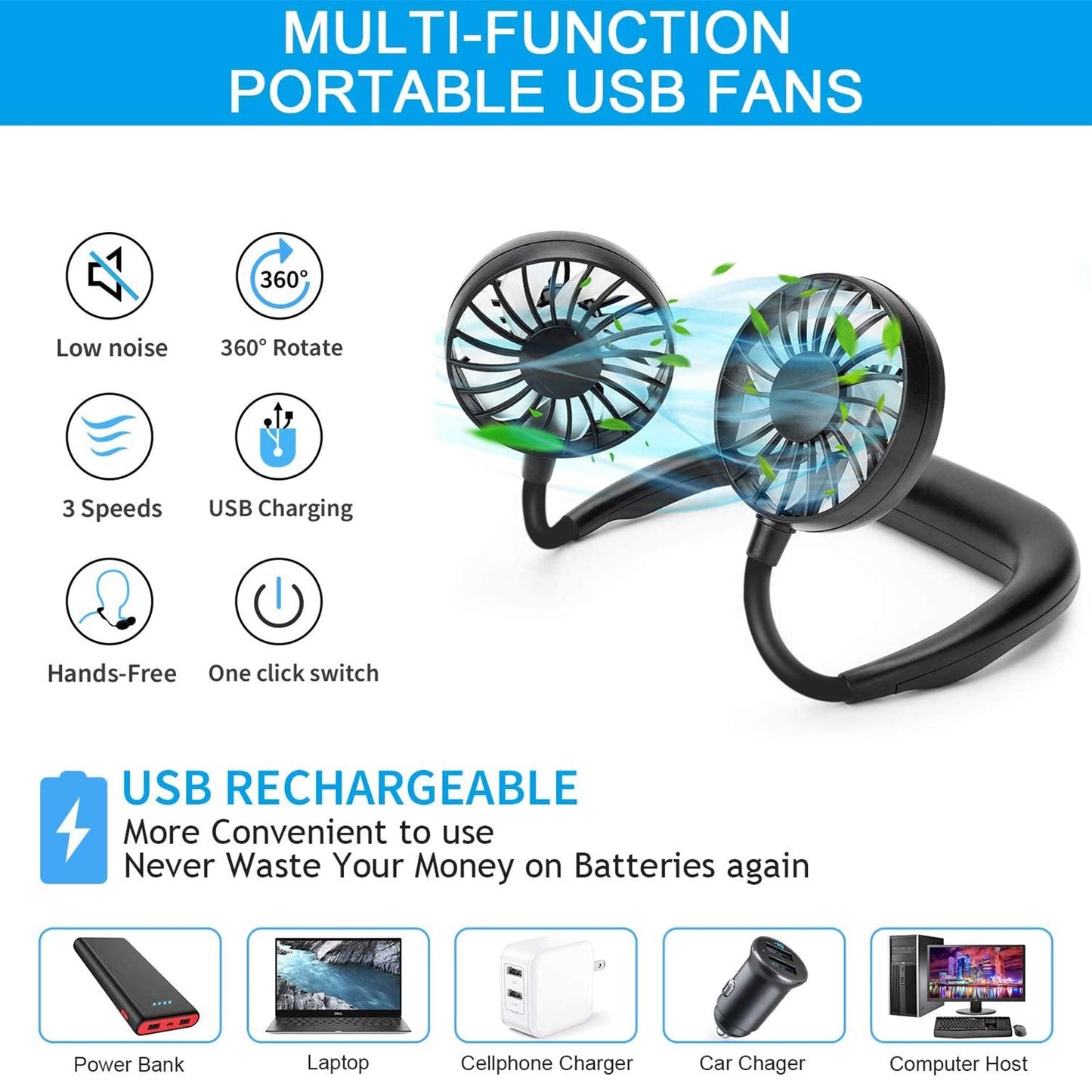RJVW Portable Neck Fan, Hand Free Personal Hanging Neck Sports Fan USB Rechargeable (3 Speed Adjustable) Wearable Cooling Head Fan,360 Degree Free Rotation for Traveling, Sports, Office, Reading