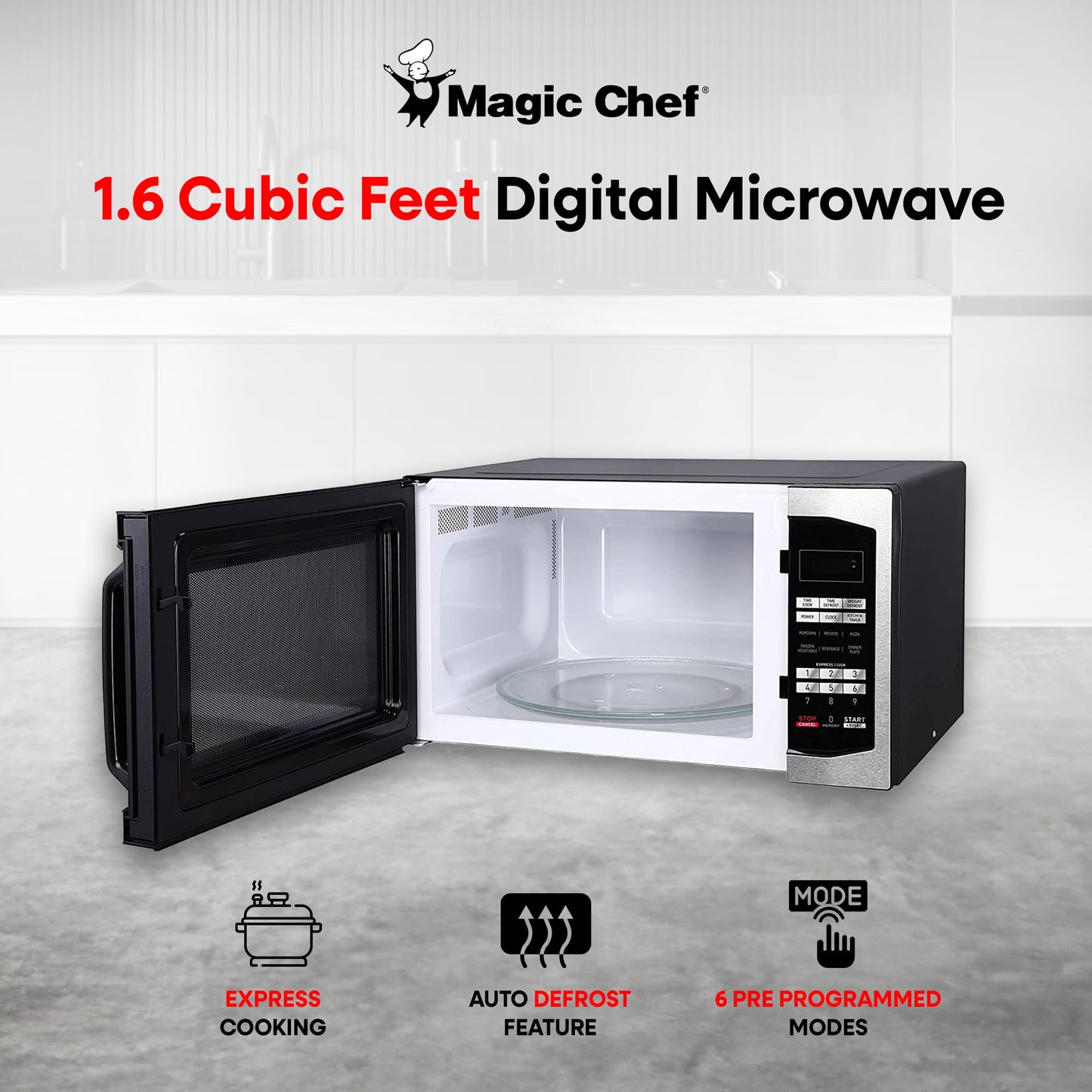 Magic Chef Compact Countertop Microwave Oven, 1,100 Watts, Stainless Steel, 1.6 Cu. Ft. - Digital Kitchen Appliance with One-Touch Cooking, Child Lock, Timer, Reheat, Defrost, and 10 Power Levels