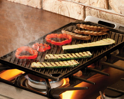 Lodge Reversible Cast Iron Grill/Griddle – 9.5 x 16.75 Inch Pre-Seasoned Cooking Surface – Flat & Ribbed Sides – Use on Stove, Grill, or Campfire – Made in the USA – Heavy-Duty, Black