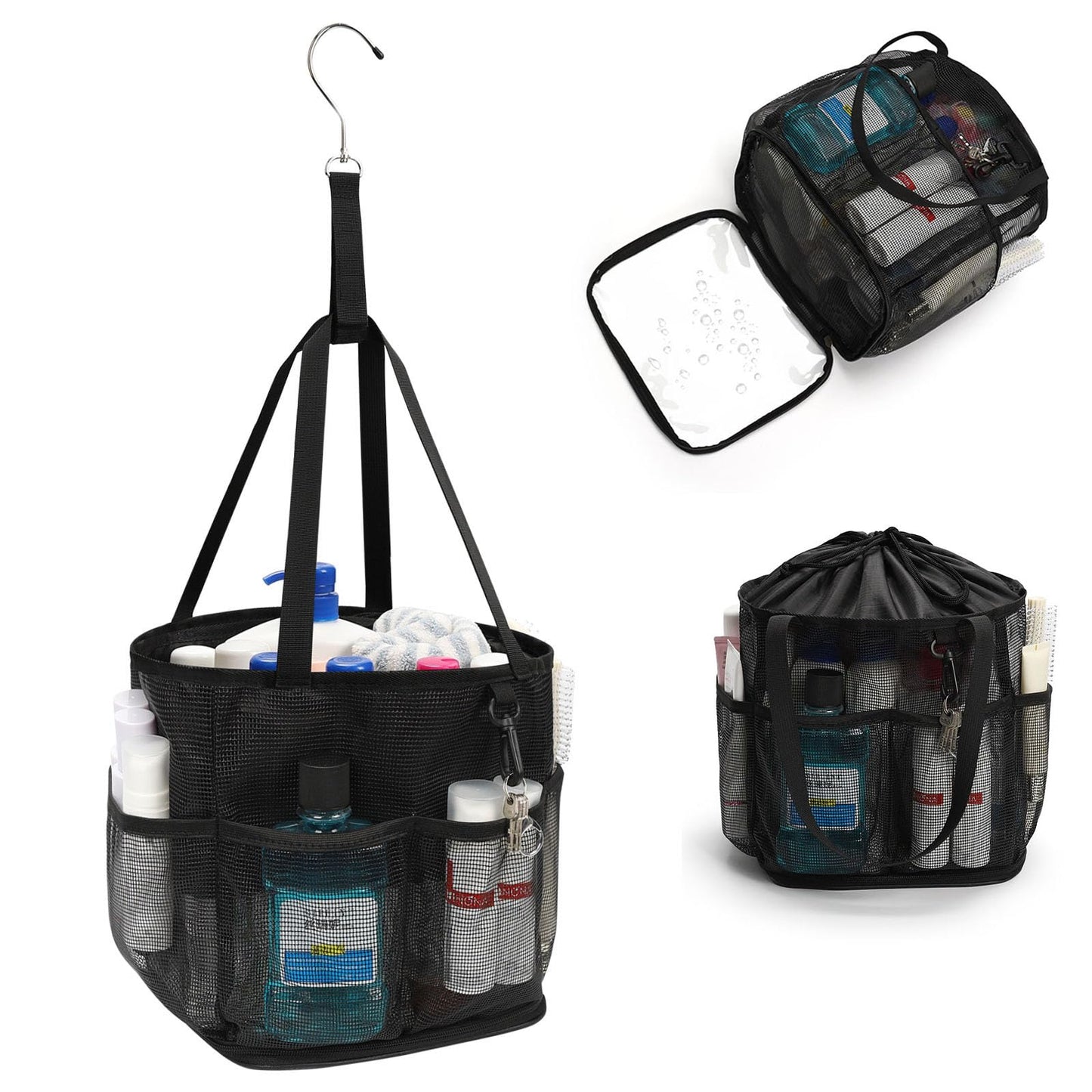 Mesh Shower Caddy Portable for College Dorm Room Essentials, Shower Tote Bag with Hanging Hook and Drawstring, Quick Dry Toiletry Bag with 6 Pockets for Bathroom, Swimming, Gym, Camping, Beach, Travel