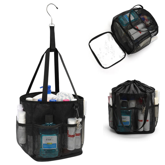 Mesh Shower Caddy Portable for College Dorm Room Essentials, Shower Tote Bag with Hanging Hook and Drawstring, Quick Dry Toiletry Bag with 6 Pockets for Bathroom, Swimming, Gym, Camping, Beach, Travel