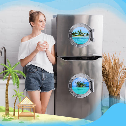 2 Pcs Cruise Door Decorations Magnetic Porthole Cruise Door Magnets 10 Inch Set Palm Tree Dolphin Turtle The Sea Nature Scenery Fridge Decor for Carnival Car(Beach Style)