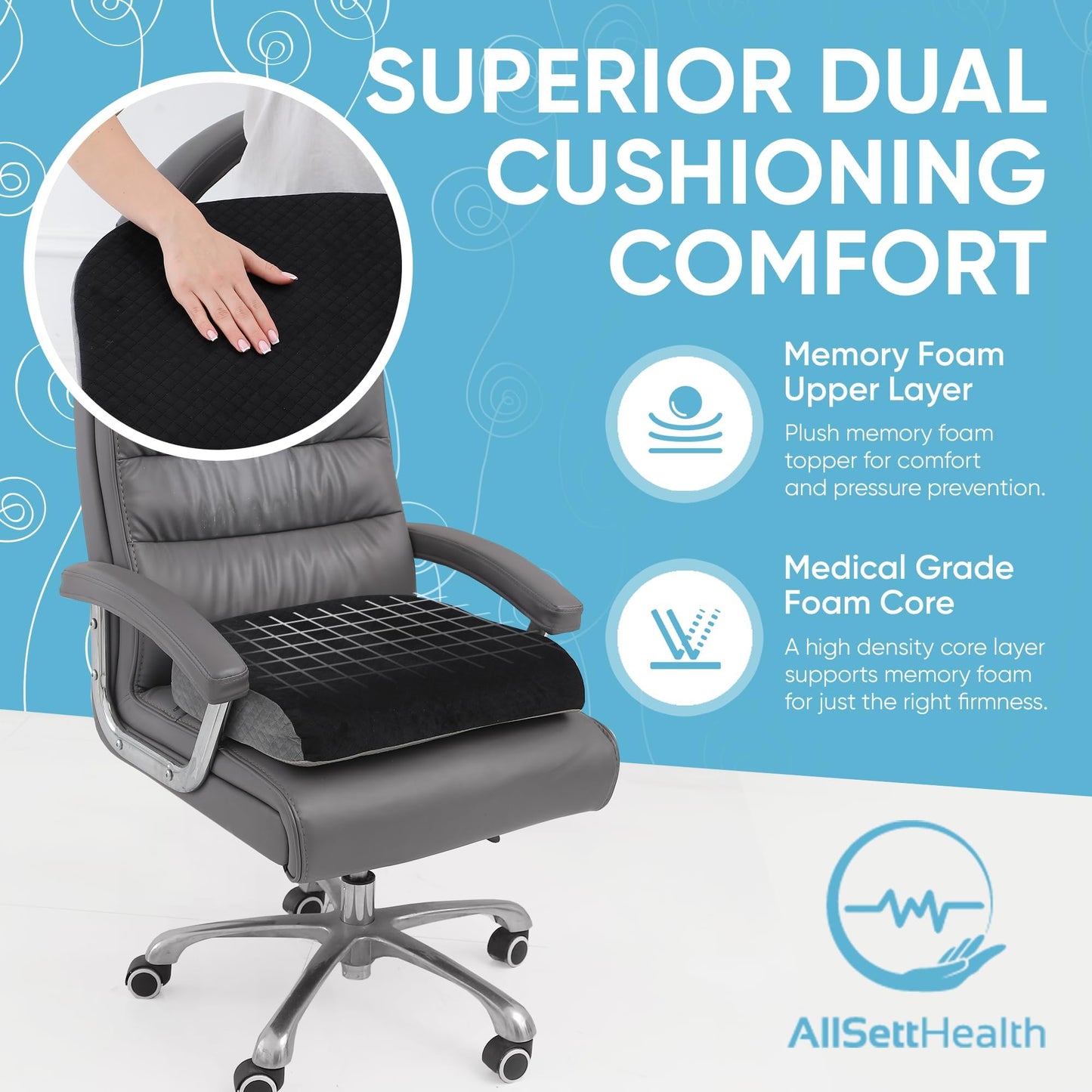 Large Seat Cushion (19” x 17” x 3”) Memory Foam for Office Chair, Wheelchair Cushions, Floor Pillow | Cushion Back Pain Coccyx Pain Relief | Plush Velvet Cover with Carry Handle