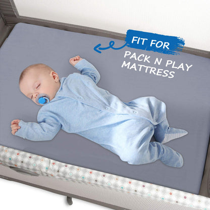 Pack and Play Sheets Boy Girl, 2 Pack Portable Playard Sheet Fits for Graco Pack N Play, Snug Fit Breathable Soft Fitted Playpen Sheet, Mini Crib Sheets, Grey & Navy
