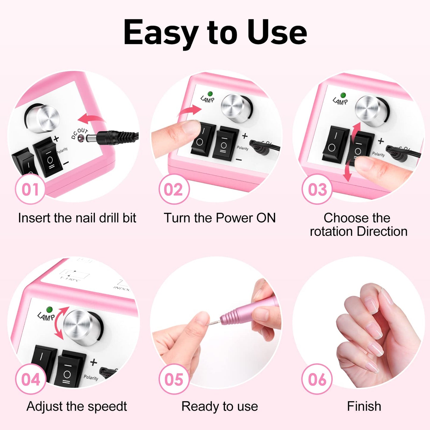 20000RPM Electric Nail Drill Professional Nail File Drill Acrylic Nails Kit for Manicure Gel Nail Polish Remover with 1 Pack of Sanding Bands(Pink)