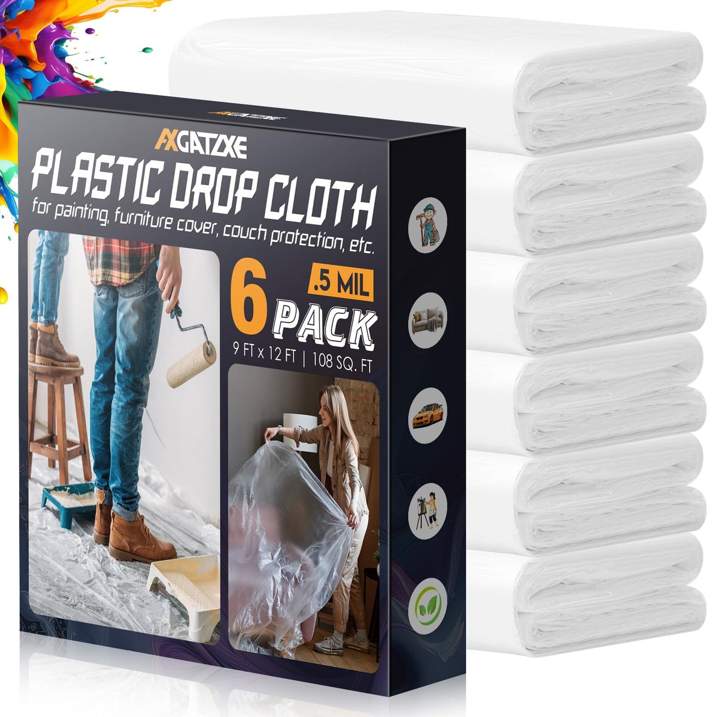 12 x 9 Ft Plastic Drop Cloths (6-Pack) - Disposable Painter's Sheeting & Tarps for Painting, Waterproof Furniture/Couch/Floor Protection