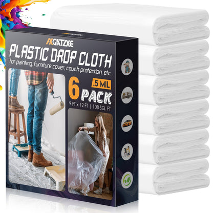 12 x 9 Ft Plastic Drop Cloths (6-Pack) - Disposable Painter's Sheeting & Tarps for Painting, Waterproof Furniture/Couch/Floor Protection