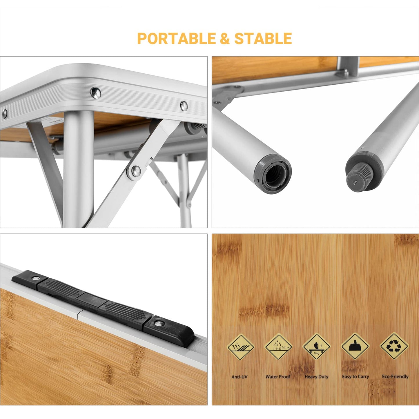 KingCamp Adjustable Height Folding Table, Bamboo Camping Outdoor Portable RV Camp Table with Carry Handle & Leg Storage for Outdoor Car Backyard Picnic Tailgating Beach