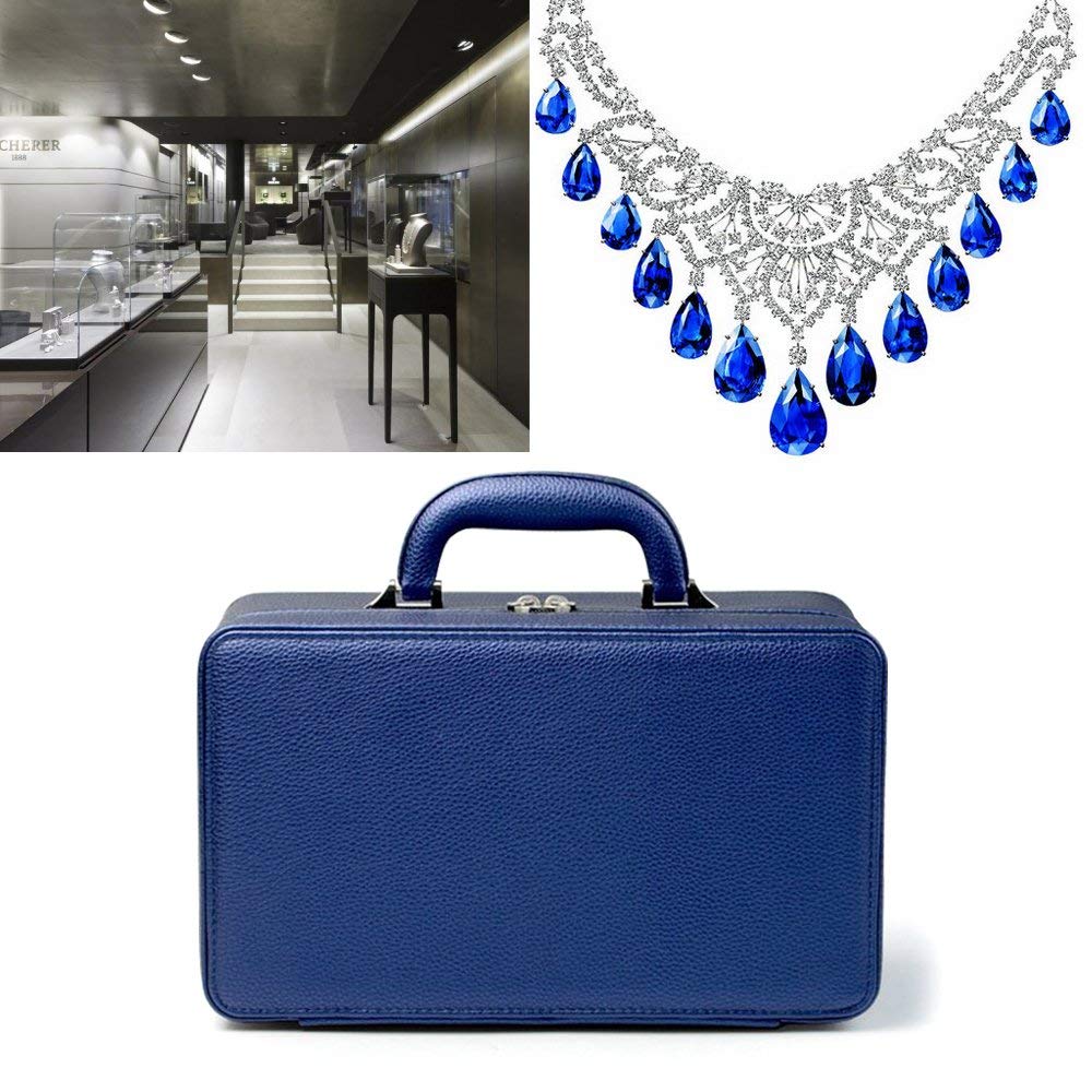 Oirlv Blue Leather Jewelry Box Handmade Travel Jewelry Organizer Storage Case Holder For Girl Lady Earring,Ring,Necklace,Pendant,Watch,Bracelet.(3 layers)