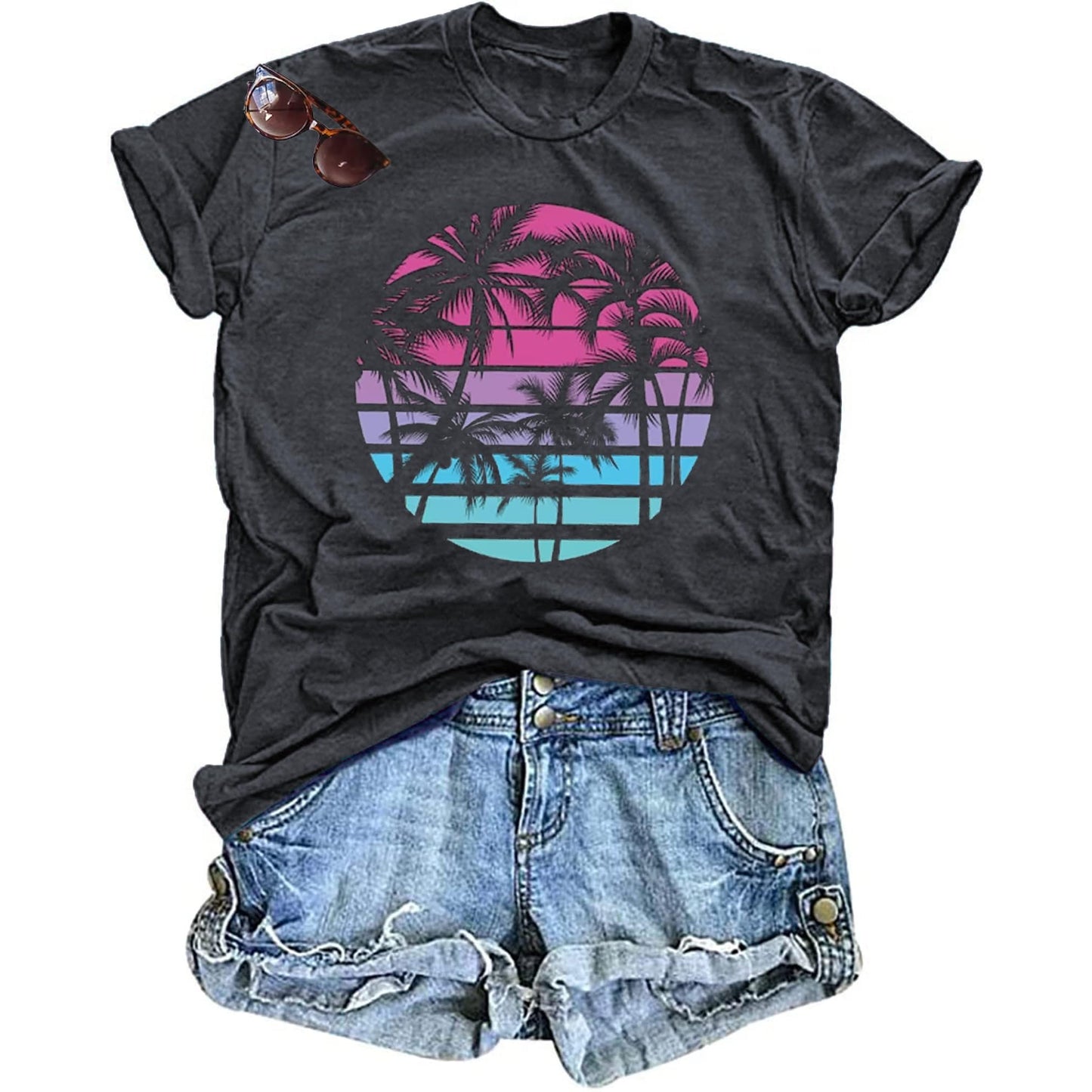 Hawaiian Shirts for Women Palm Trees Beach Graphic Tee Tops Summer Vacation Short Sleeve Tshirt Tops Dark Grey S
