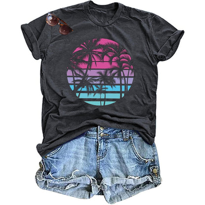Hawaiian Shirts for Women Palm Trees Beach Graphic Tee Tops Summer Vacation Short Sleeve Tshirt Tops Dark Grey S