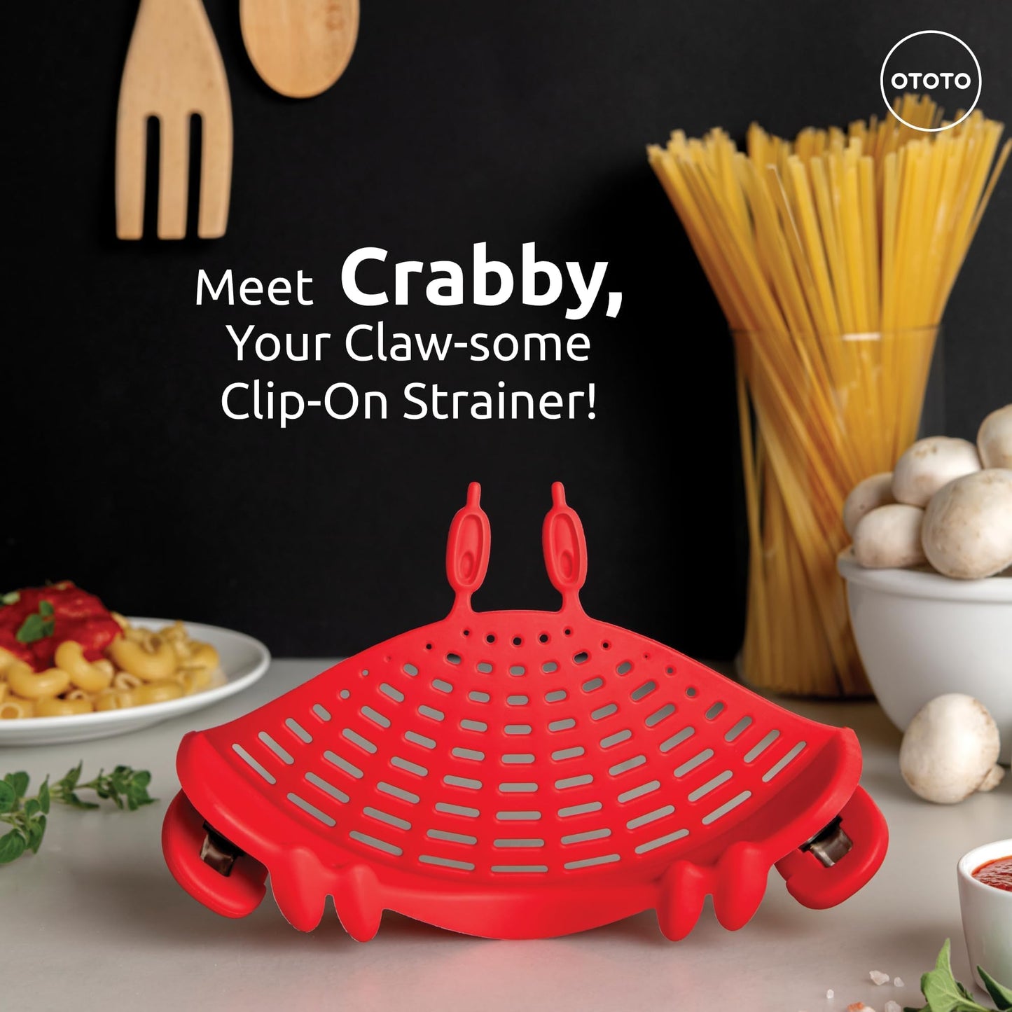 NEW Crabby Clip-On Strainer by OTOTO - Silicone and Stainless Steel Pasta Strainer, Funny Gifts, Cute Kitchen Accessories, Red Crab, Cool Kitchen Gadgets