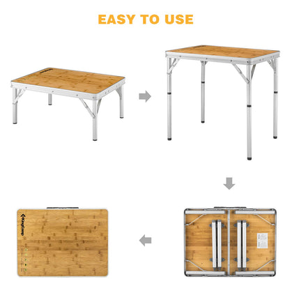 KingCamp Adjustable Height Folding Table, Bamboo Camping Outdoor Portable RV Camp Table with Carry Handle & Leg Storage for Outdoor Car Backyard Picnic Tailgating Beach