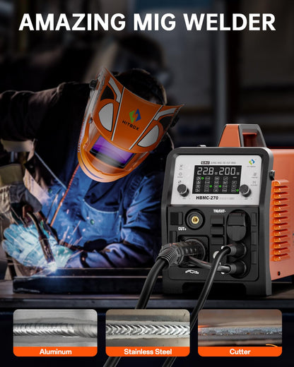 HITBOX MIG Welder 200A, 220V [6 in 1] Gasless/Gas MIG/HF TIG/Plasma Cutter 40A/Stick/Spot, 2T/4T Aluminum Multi Process Welder Machine with Synergy Large LED Display (HBMC270)