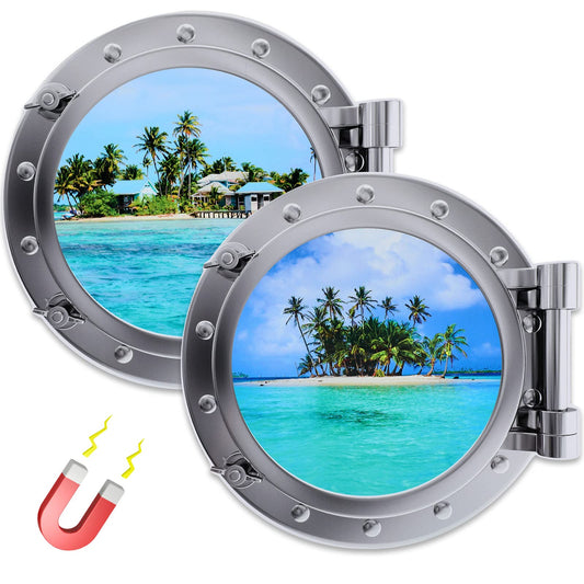 2 Pcs Cruise Door Decorations Magnetic Porthole Cruise Door Magnets 10 Inch Set Palm Tree Dolphin Turtle The Sea Nature Scenery Fridge Decor for Carnival Car(Beach Style)