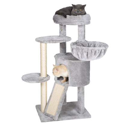Hey-brother Cat Tree with Scratching Board, Cat Tower with Padded Plush Perch and Cozy Basket, Multi-Platform for Jump, Light Gray MPJ005W