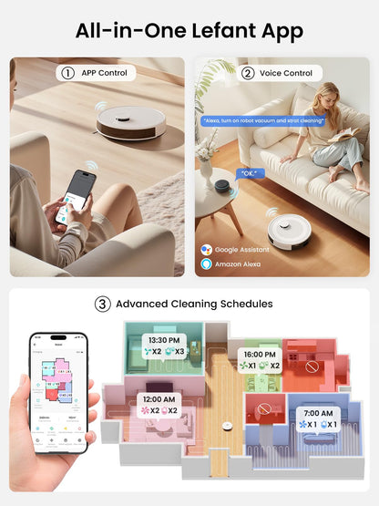 Lefant LiDAR Robot Vacuum and Mop, 45-Day Self-Emptying, 190° PSD Obstacle Avoidance, Customized Cleaning, Multi-Floor Mapping, 5500Pa Strong Suction, 140 Min Runtime, WiFi/Alexa/APP/iWatch, M2 Pro