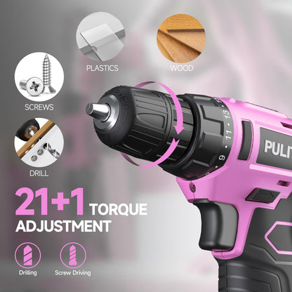 PULITUO 12V Pink Cordless Drill Set Power Drill Kit with Battery and Charger,electric drill home improvement,3/8-Inch Keyless Chuck,Built-in LED,21+1 Torque Setting small drill